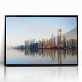 Large abstract wall art of Shanghai skyline in muted grayscale, framed acrylic, ideal for modern living room decor.