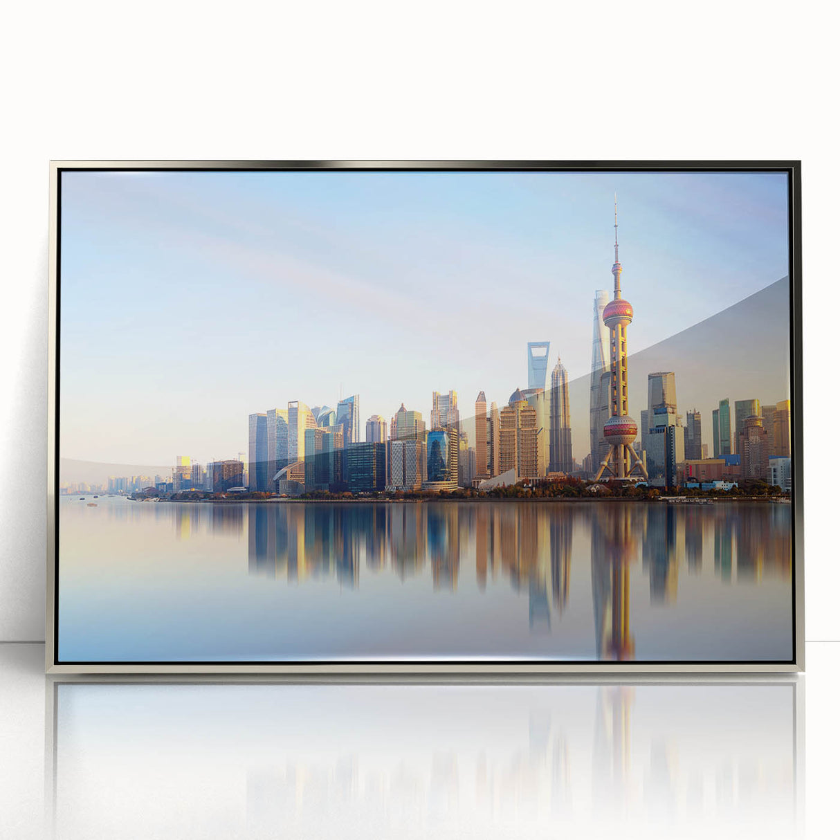 Mid-century modernist Shanghai skyline in muted silver and gray tones on a framed acrylic, ideal for modern art wall decor.