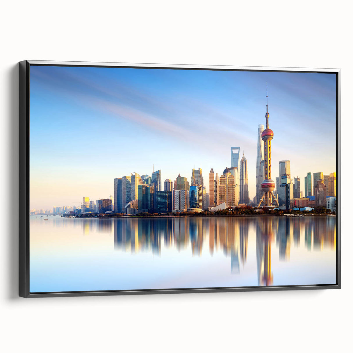 Black and white wall art of Shanghai skyline on framed canvas, featuring vintage poster art style, ideal for bedroom decor.