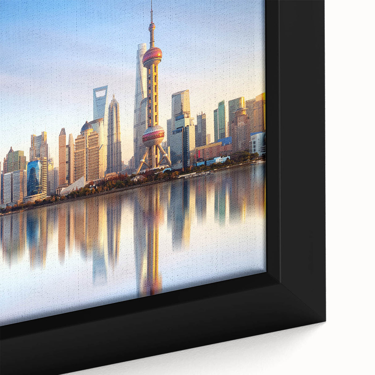 Extra large framed canvas of a textured Shanghai skyline in black with colorful art accents, ideal for living room decor.