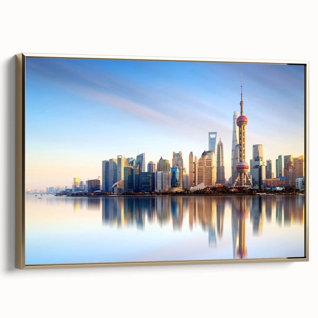 Framed canvas featuring a vintage-style Shanghai landscape in black and gold tones, ideal for bedroom wall art.