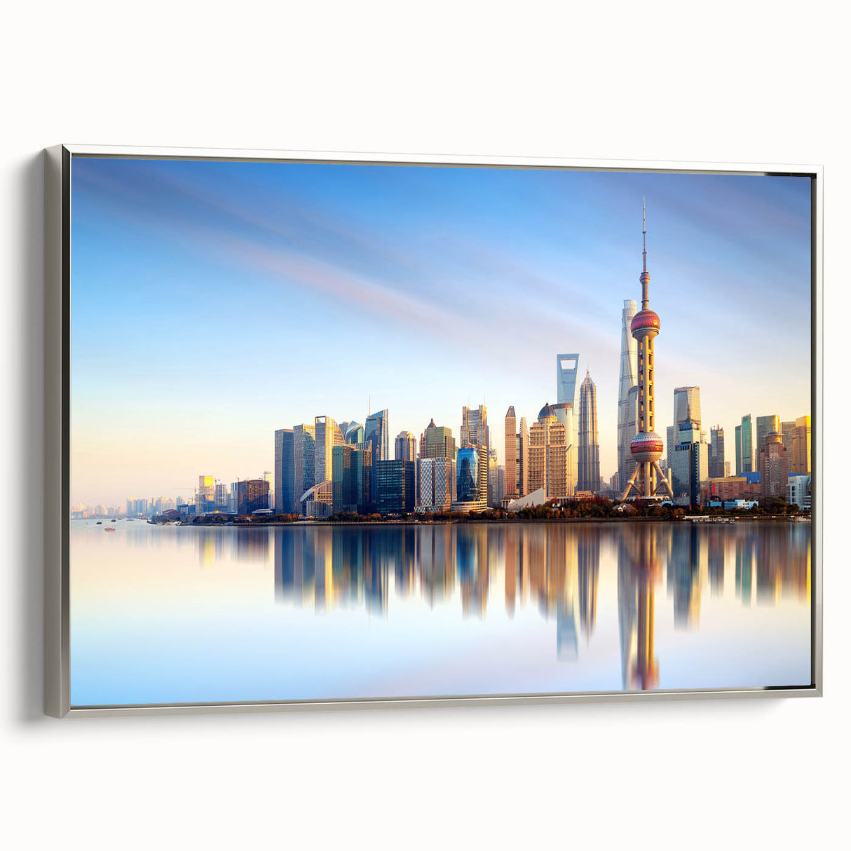 Landscape art painting of Shanghai skyline on framed canvas, featuring vintage poster style with black and colorful hues.