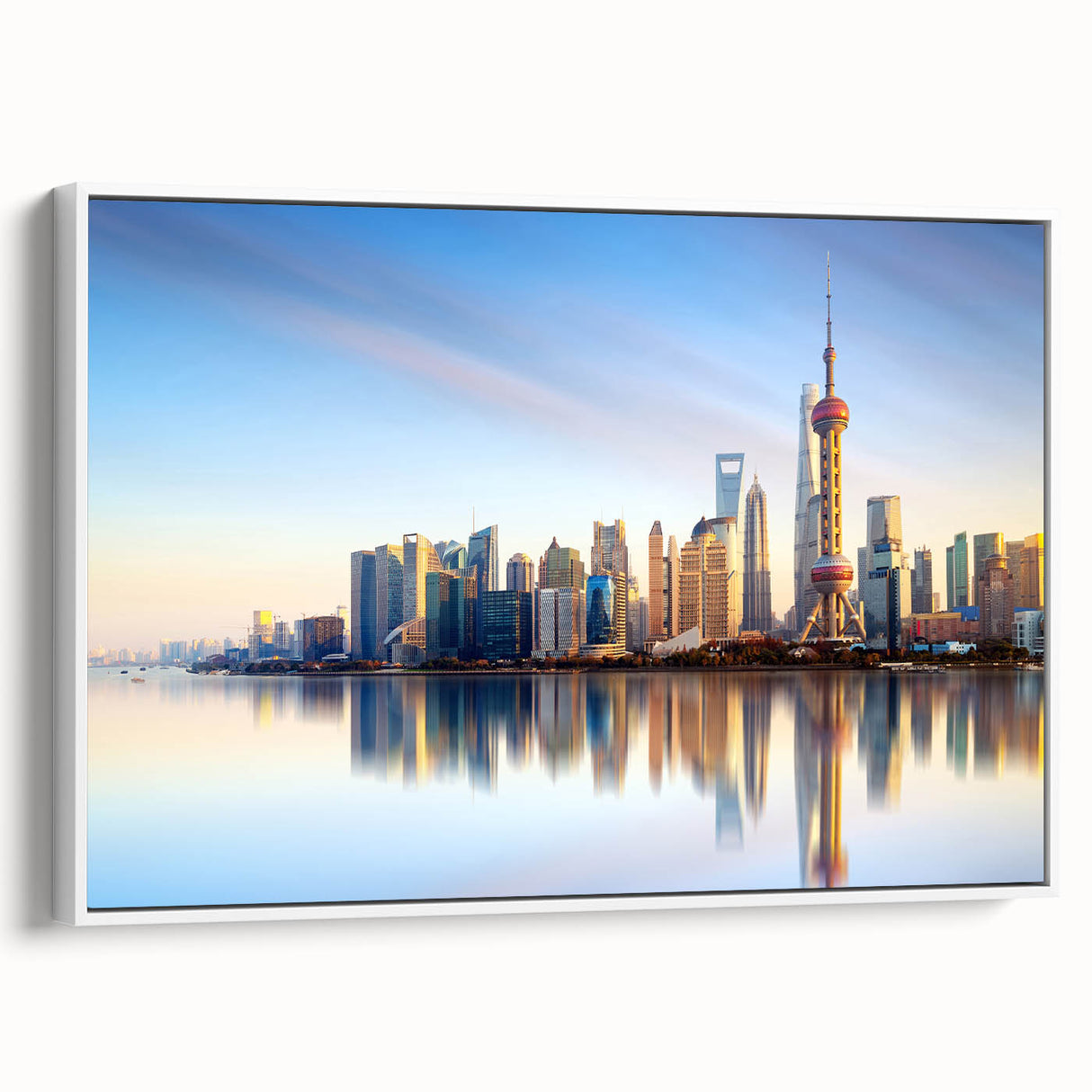 Vintage poster art of Shanghai skyline in vibrant colors on a large framed canvas, ideal for living room decor.