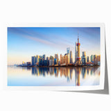 Extra large rolled print of Shanghai skyline with muted gray and floral accents, ideal for art wall dining room.