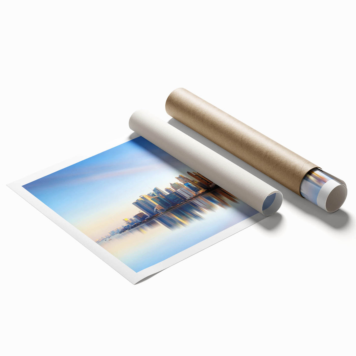Extra large rolled print of Shanghai skyline with floral accents in soft pastel shades.