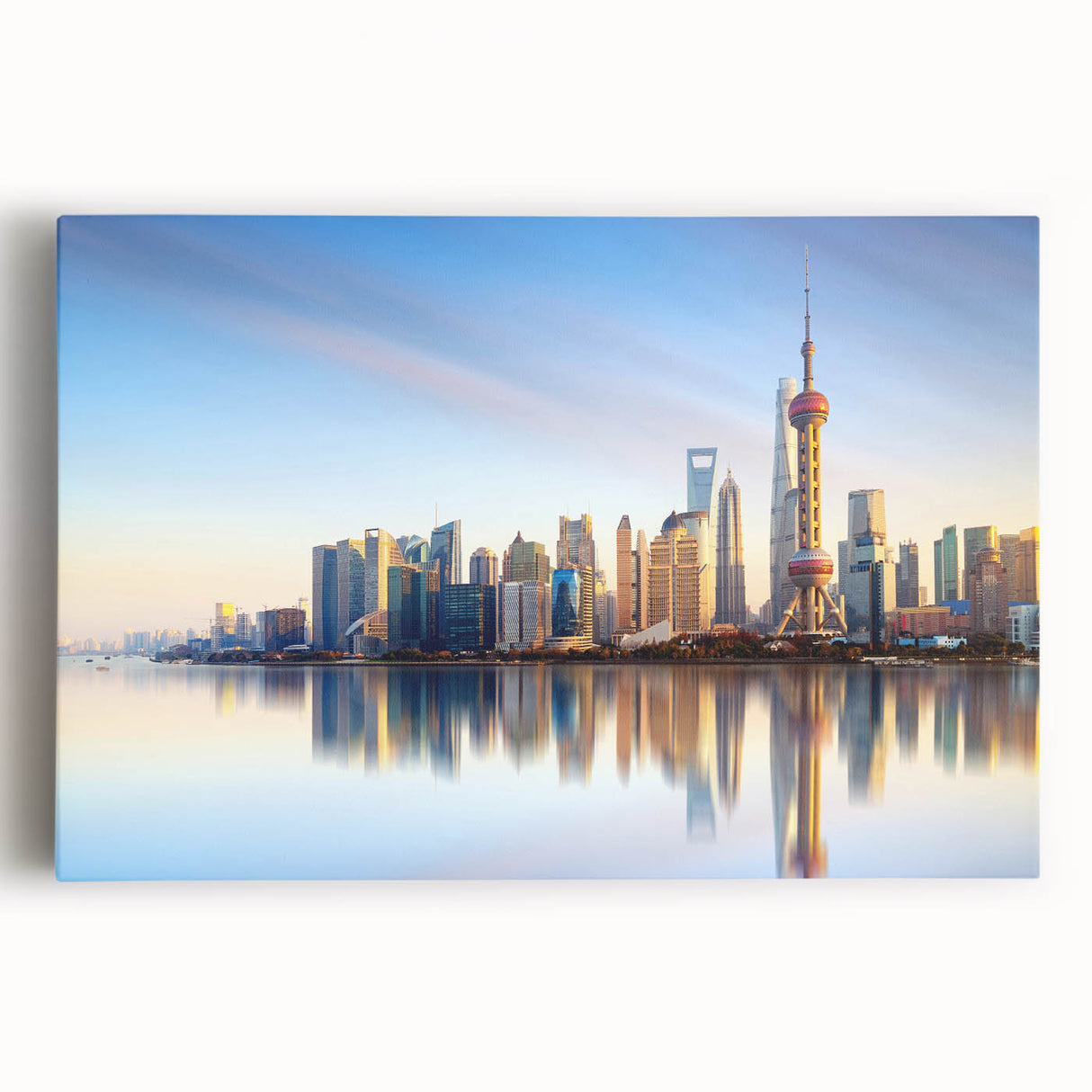 Black and white large art print of Shanghai skyline on stretched canvas, ideal for kitchen wall art.