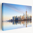 Large canvas print of Shanghai skyline in muted gray and blue tones, ideal for kitchen wall art.