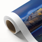 Art Deco poster of a Tibetan landscape in muted blues and greens on rolled canvas, ideal for nursery wall art.