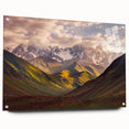 Landscape painting of Georgian scenery on acrylic glass, featuring earthy tones, ideal for dining room decor.