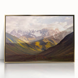 Large art print of a Georgia landscape in gold and green tones on acrylic, framed, mid-century modernist style.