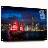 Acrylic print of Hong Kong skyline in muted gray, ideal for modern bedroom ambiance.