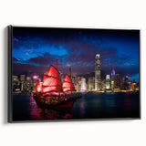 Hong Kong vintage landscape in black and white on framed canvas, suitable for bedroom wall art.