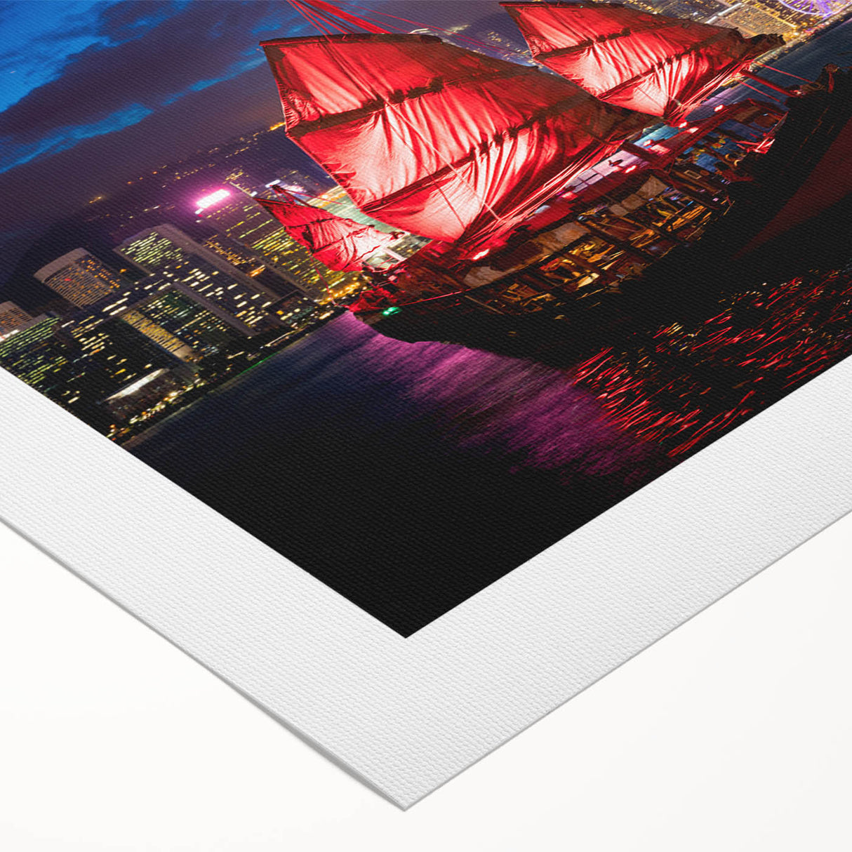 Art deco poster of Hong Kong skyline in muted gray and blue tones on rolled canvas, suitable for dining room wall art.