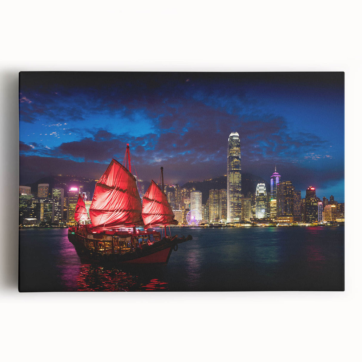 Hong Kong cityscape in black and white on large stretched canvas, suitable for kitchen wall art.