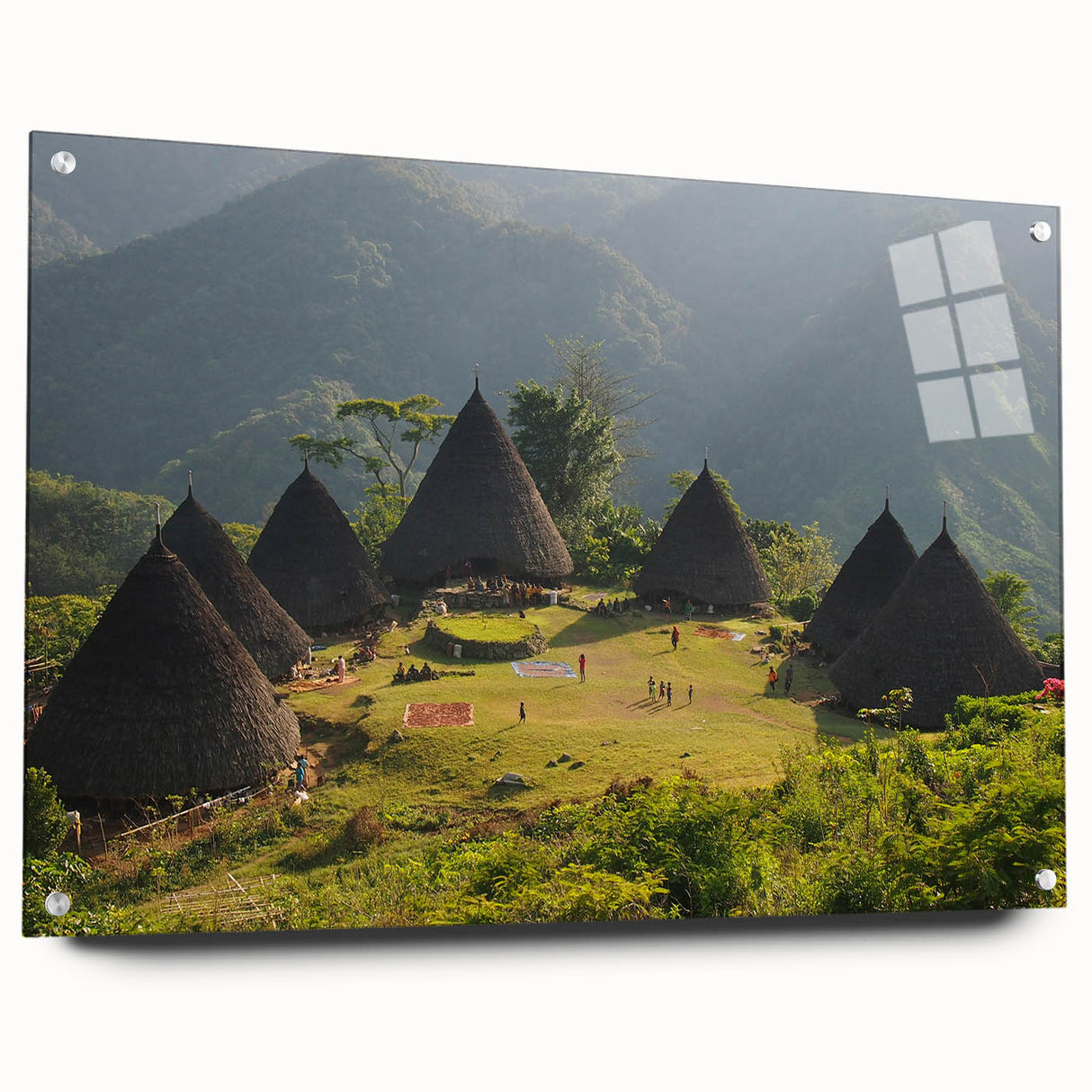 Large abstract wall art on acrylic glass depicting a serene Indonesian landscape, ideal for bedroom or dining room decor.