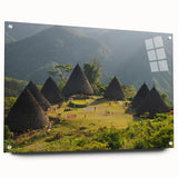 Large abstract wall art on acrylic glass depicting a serene Indonesian landscape, ideal for bedroom or dining room decor.