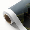 Art Deco style poster of an Indonesian landscape in muted green and brown tones on rolled canvas.