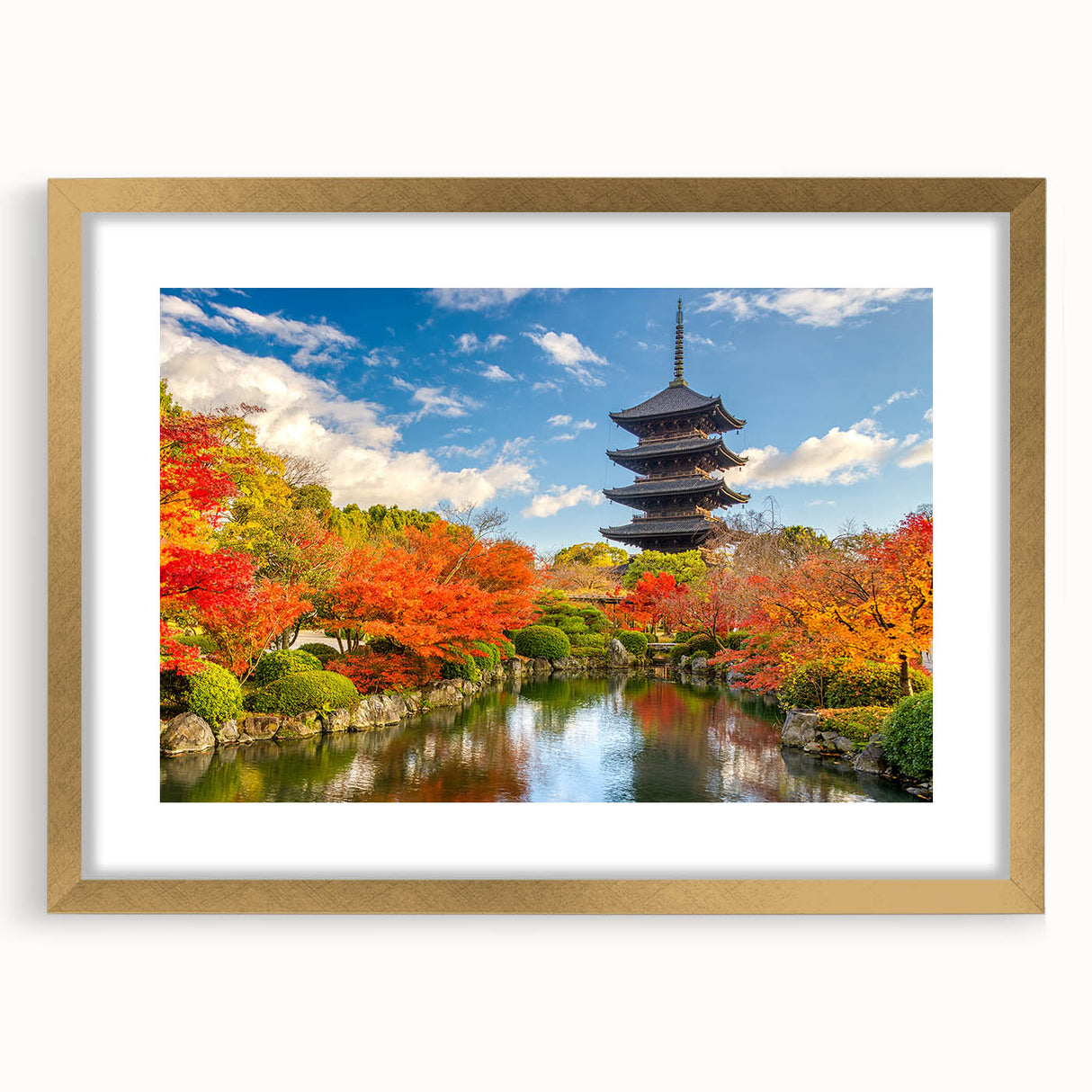 Extra large framed abstract art print of a Japanese Kyoto scenery in muted gold and green tones, ideal for living room decor.