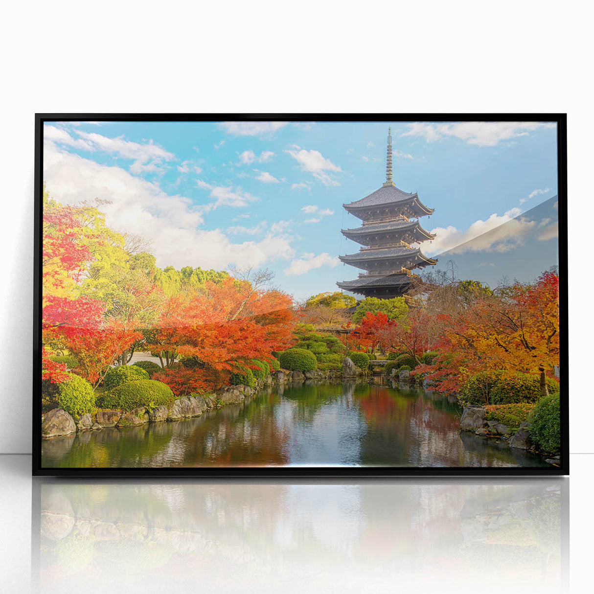 Large abstract wall art depicting a serene Kyoto landscape in muted earth tones, framed in black acrylic.
