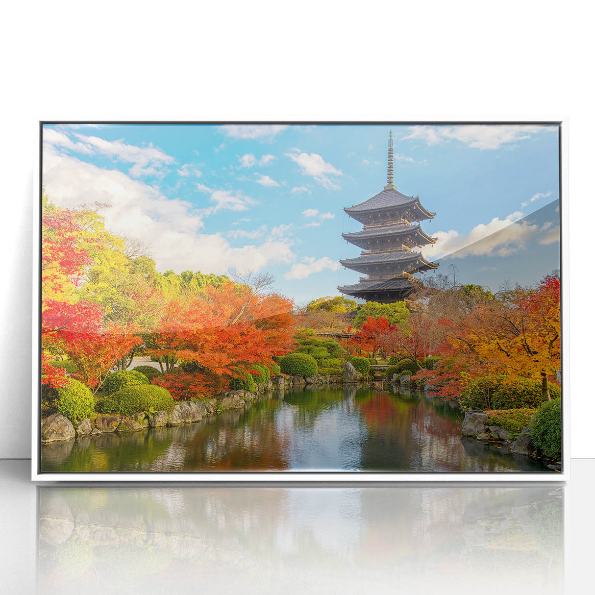 Acrylic print of a serene Kyoto landscape in soft pastel shades, framed in white, ideal for nursery wall art.