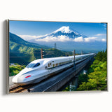 Framed canvas depicting a vintage-style landscape of Mount Fuji with colorful art in a black, silver-framed side view.