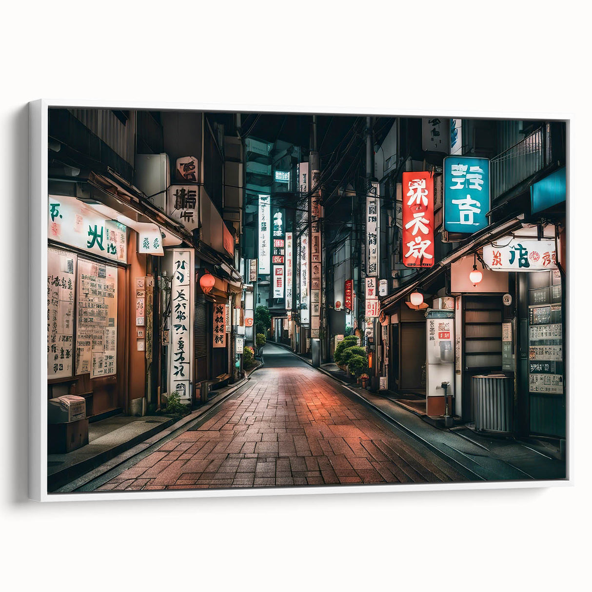 Vintage poster art of Tokyo skyline on framed canvas, featuring colorful art in extra large size.