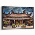 Black and white wall art featuring a vintage landscape painting of a Japanese scene on a framed canvas.