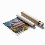 Extra large rolled print of a Japanese floral scene in soft pastel shades, ideal for classy bathroom wall art.