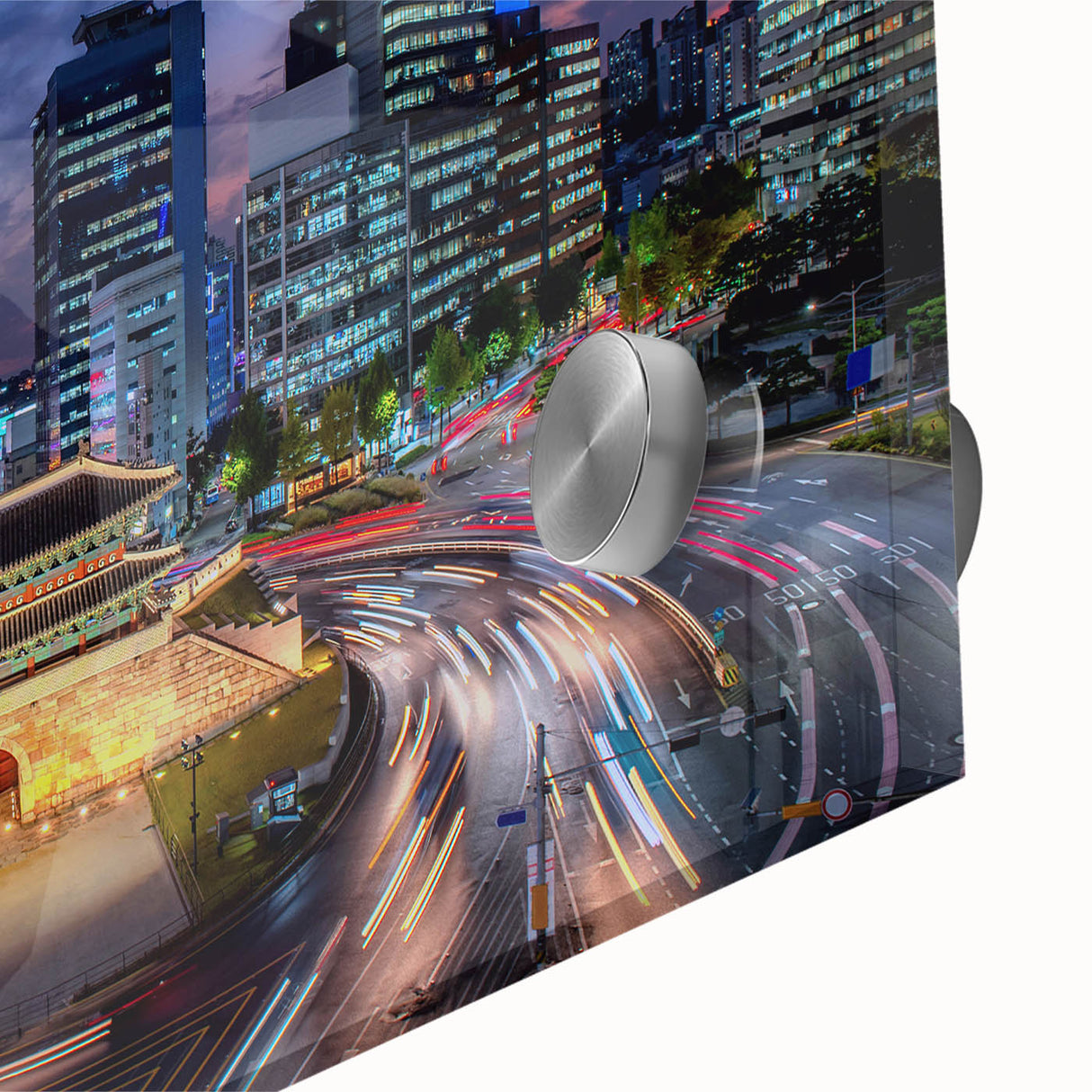 Large abstract wall art of Seoul's skyline in muted gray and blue tones on acrylic glass, ideal for dining room ambiance.