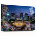Acrylic print of Seoul skyline in muted gray and blue tones, ideal for modern dining room decor.