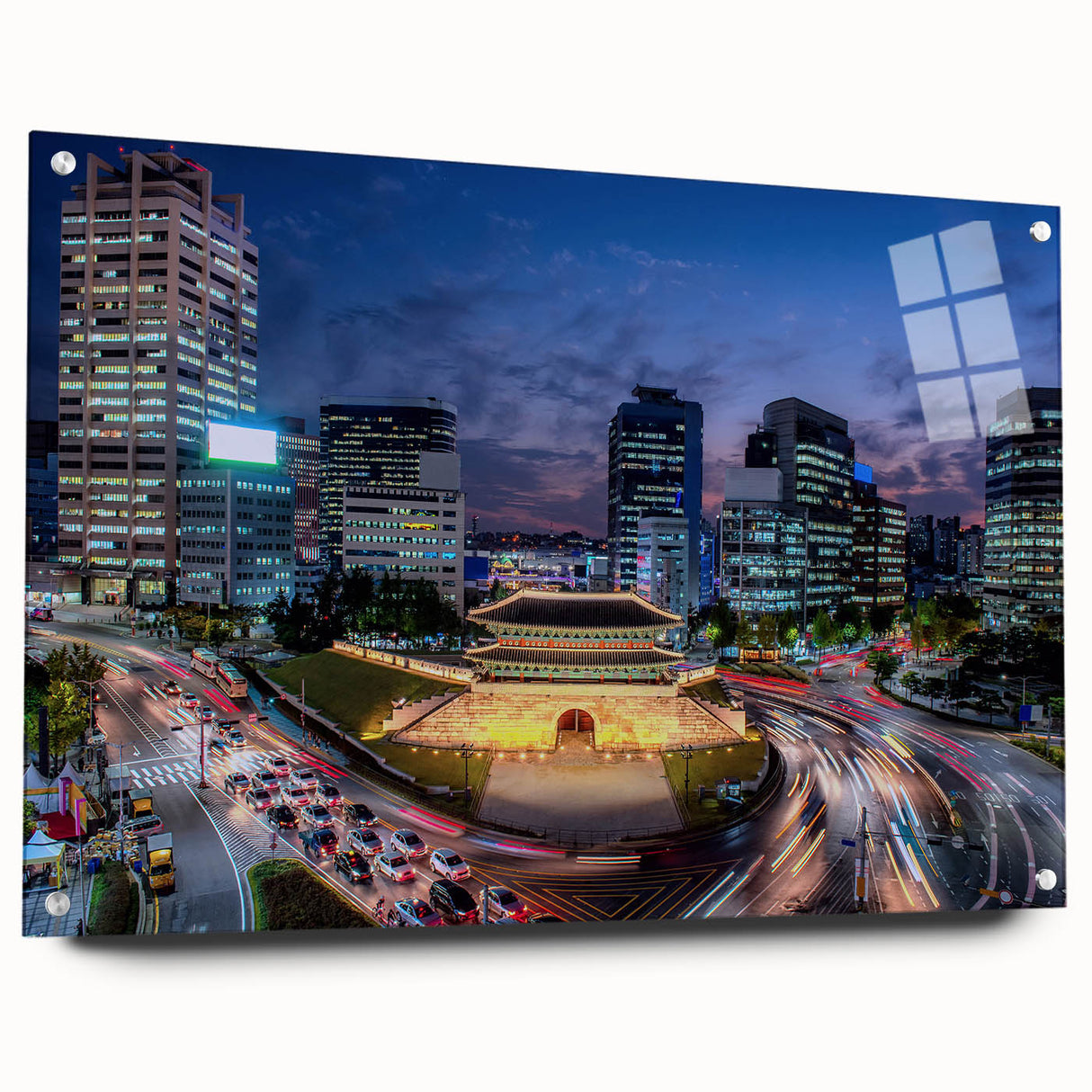 Acrylic print of Seoul skyline in muted gray and blue tones, ideal for modern dining room decor.