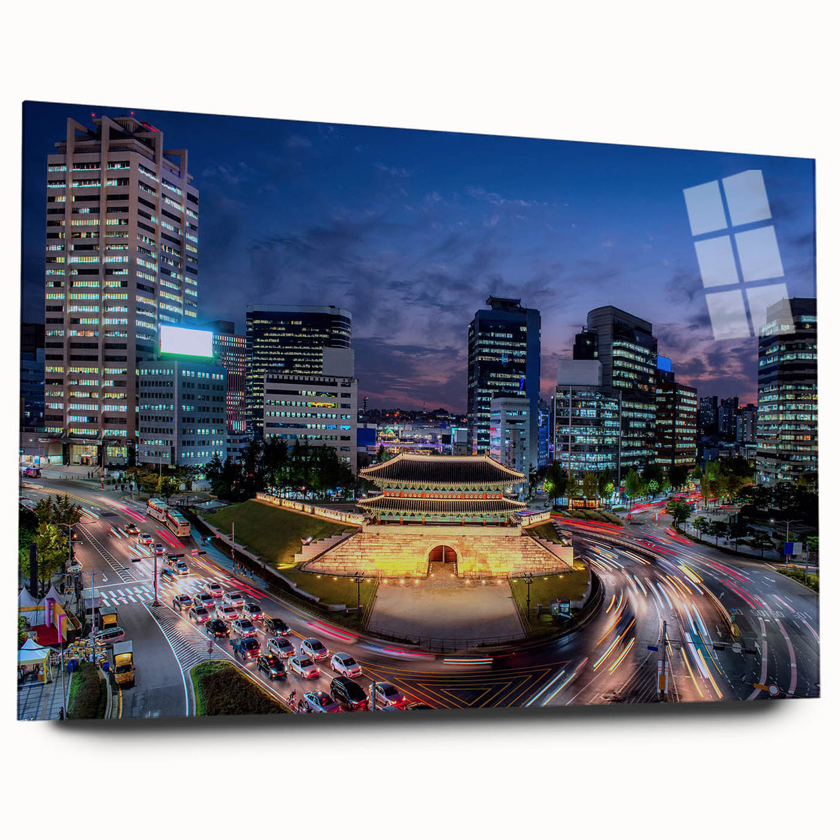 Large abstract wall art featuring a Seoul cityscape in muted gray tones on acrylic glass.