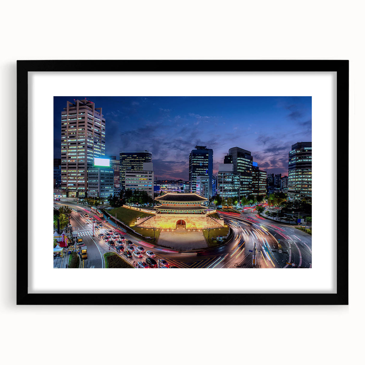Extra large abstract art print of Seoul skyline in vibrant, colorful hues on textured canvas, ideal for living room decor.