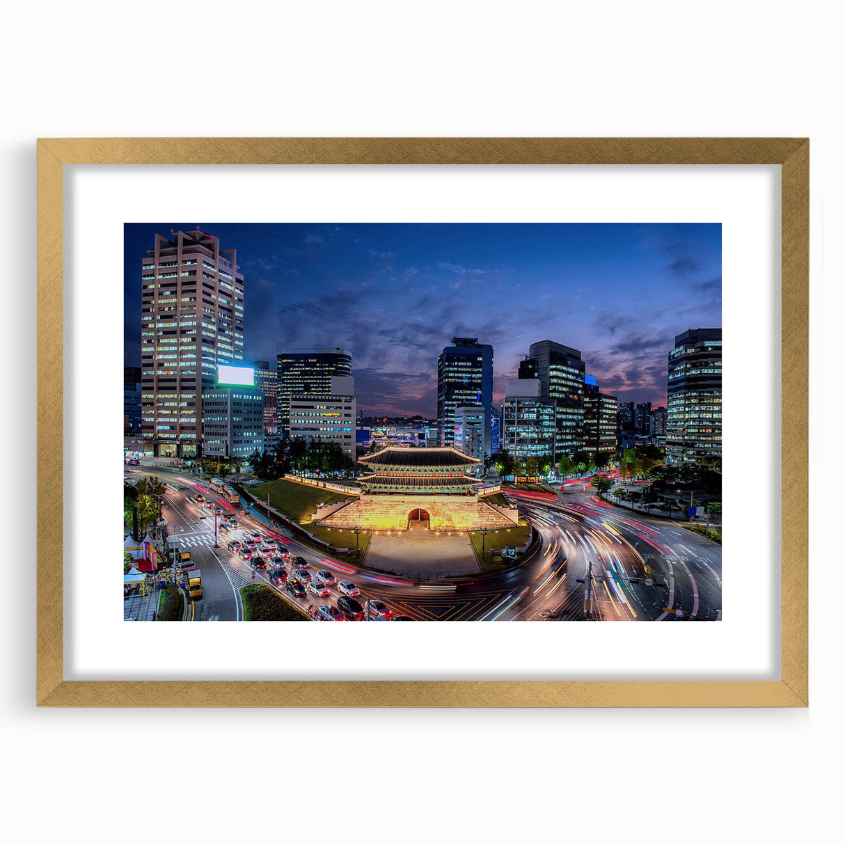 Extra large abstract art print of Seoul skyline in textured gold and black tones on framed canvas.