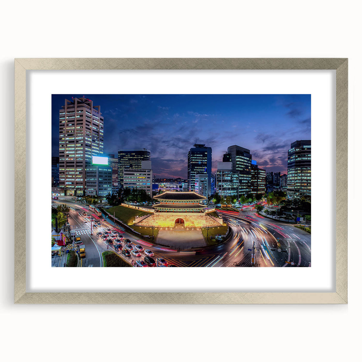 Textured abstract art print of Seoul skyline in muted gray and blue tones on a framed silver mat, suitable for bedroom art.
