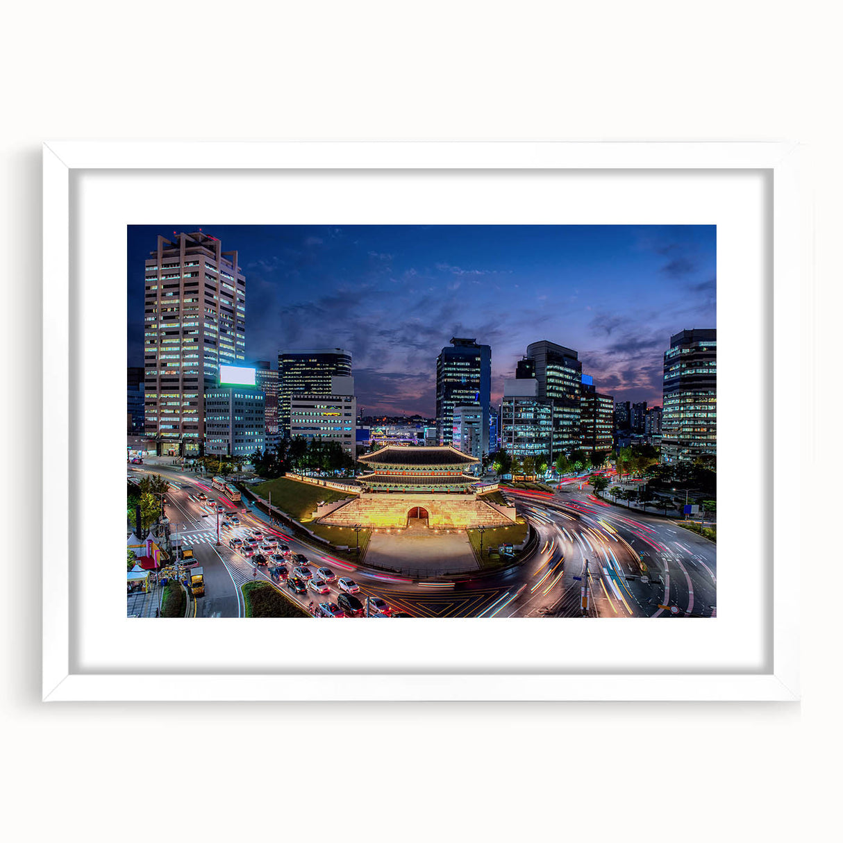 Abstract art print of Seoul skyline in muted blue and gray, framed in white, ideal for dining room decor.