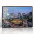 Large abstract wall art depicting the Seoul skyline in muted gray and black tones, presented as a framed acrylic print.