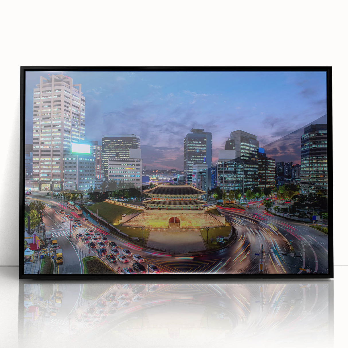 Large abstract wall art depicting the Seoul skyline in muted gray and black tones, presented as a framed acrylic print.