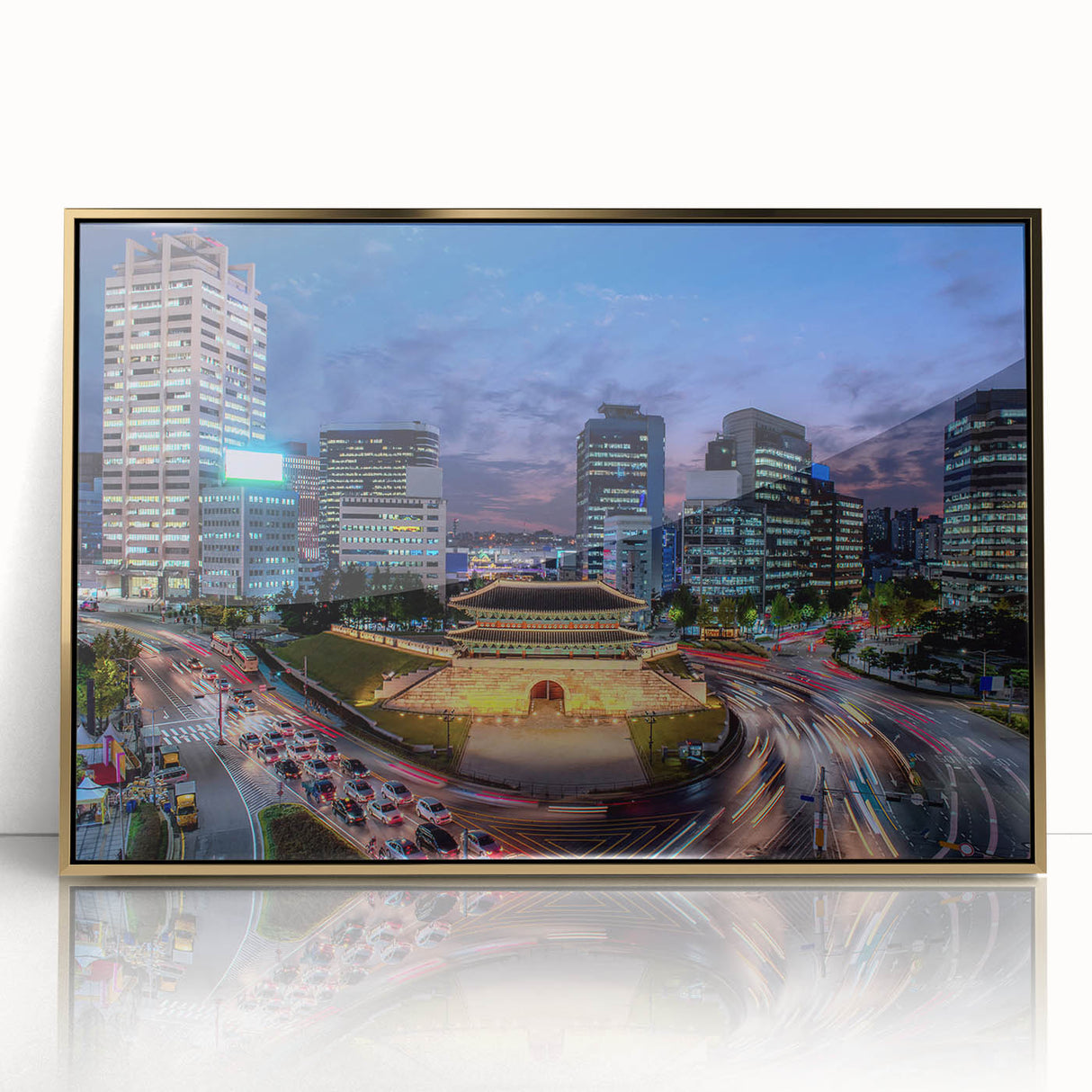 Large art print of Seoul skyline in gold tones on a framed acrylic, ideal for modern art wall decor.