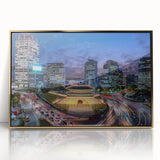 Large art print of Seoul skyline in gold tones on a framed acrylic, ideal for modern art wall decor.