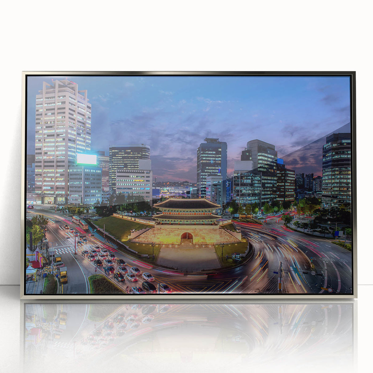 Mid-century modernist art of Seoul skyline in muted gray and blue tones on framed acrylic, ideal for modern art wall decor.