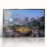 Mid-century modernist art of Seoul skyline in muted gray and blue tones on framed acrylic, ideal for modern art wall decor.