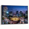 Black and white framed canvas of Seoul landscape, vintage poster style, ideal for bedroom decor.