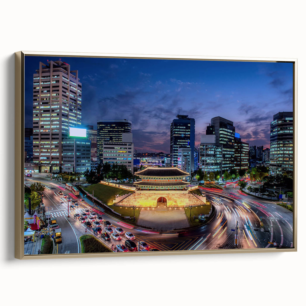 Framed canvas depicting a vintage-style Seoul landscape in muted gold and black tones, ideal for bedroom wall art.