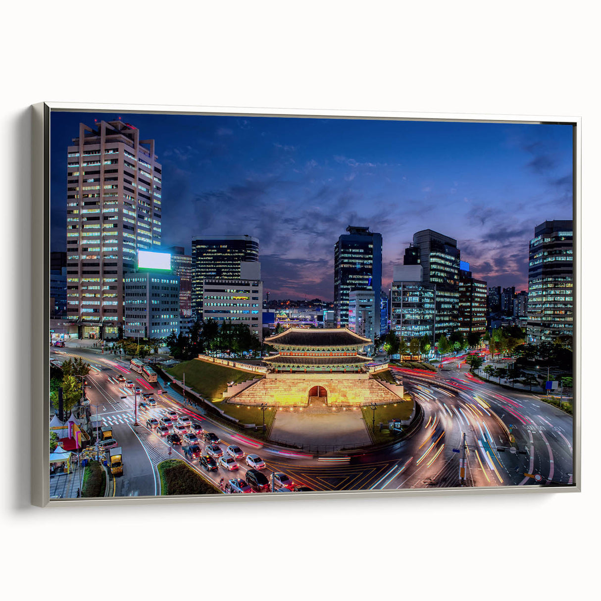 Framed canvas featuring a vintage-style landscape painting of Seoul with colorful and black elements.