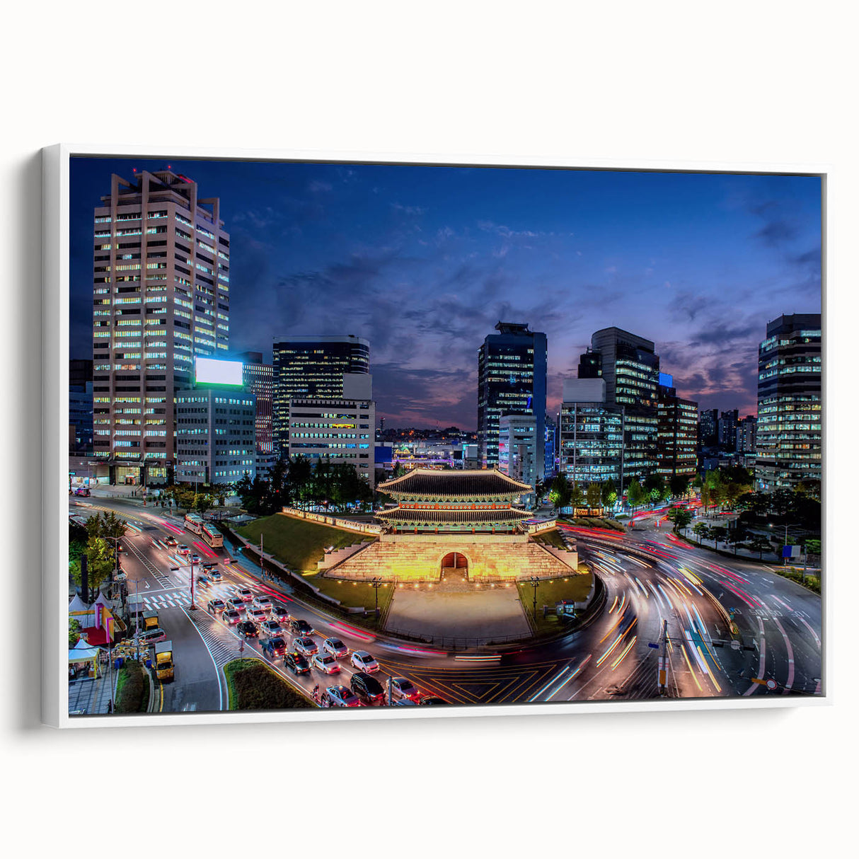 Vintage poster art of Seoul featuring colorful palette on extra large framed canvas, ideal for living room decor.