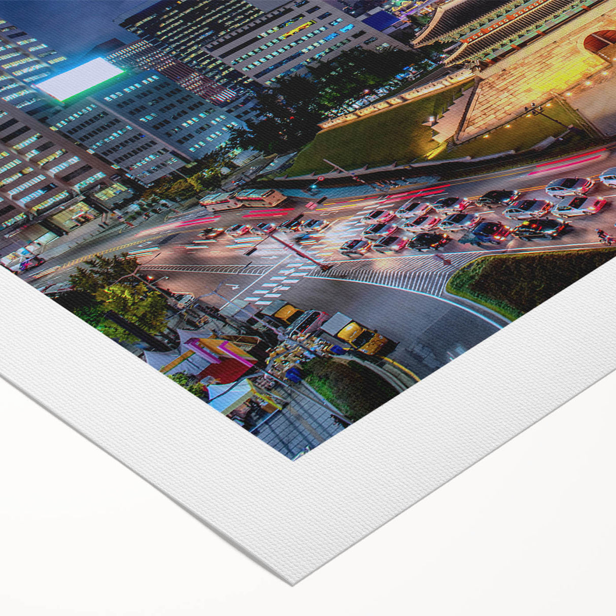 Art deco poster of Seoul skyline in muted gold and blue tones on rolled canvas, suitable for dining room wall art.