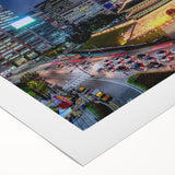 Art deco poster of Seoul skyline in muted gold and blue tones on rolled canvas, suitable for dining room wall art.