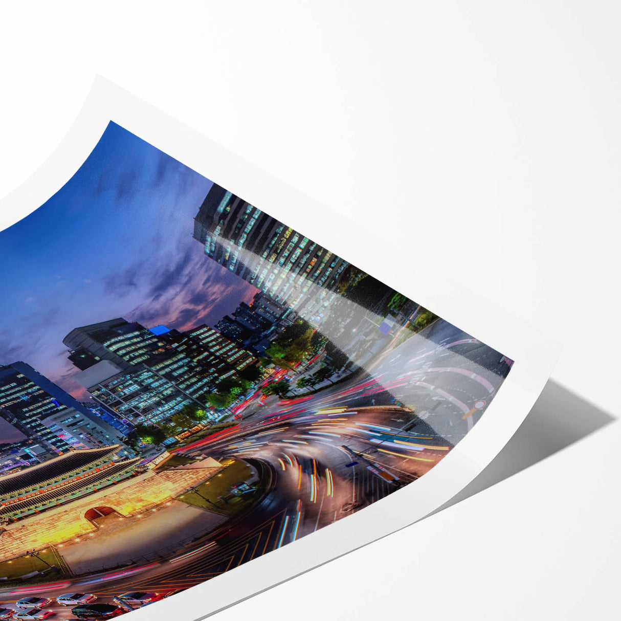 Extra large rolled print featuring line art flowers and Seoul scenery in muted earth tones.