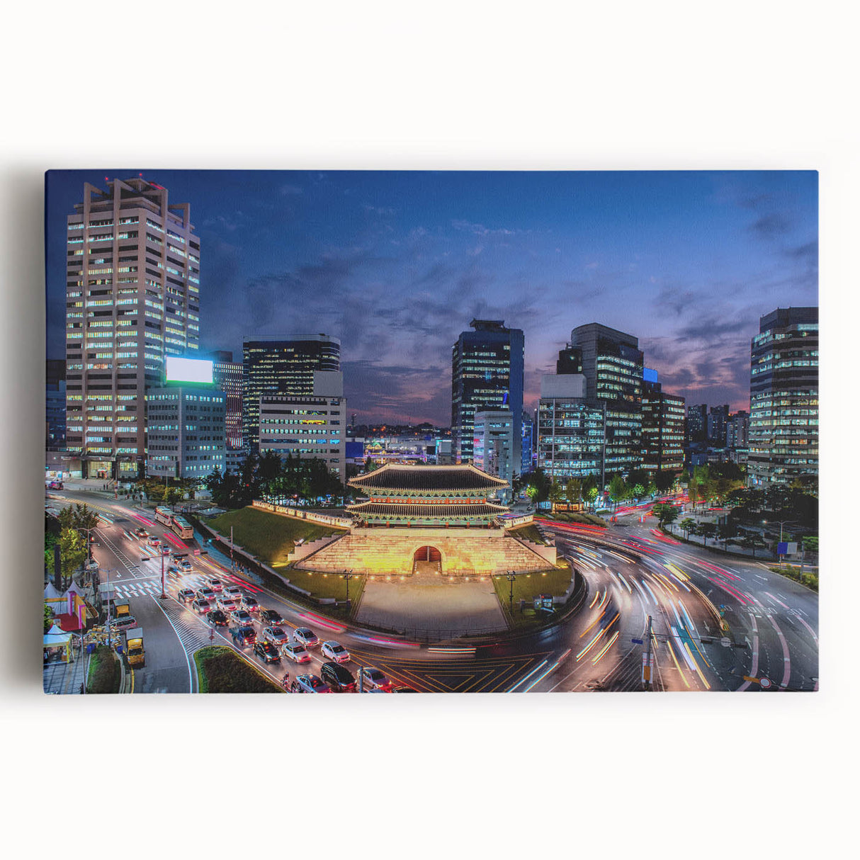 Black and white large art print of Seoul skyline on stretched canvas, suitable for kitchen wall art.